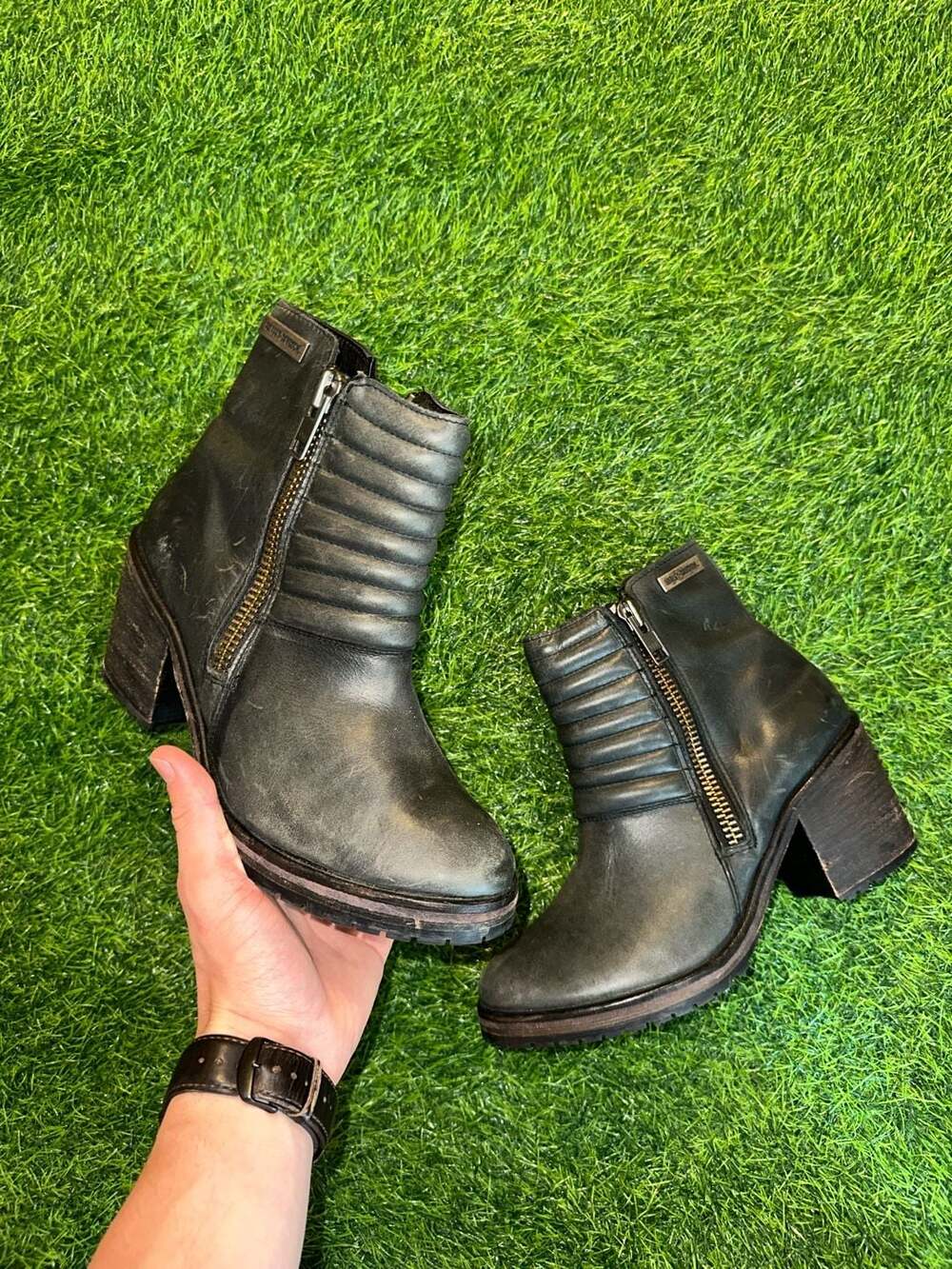 Harley-Davidson Black Leather Quilted Ankle Booties Block Heel Side Zip